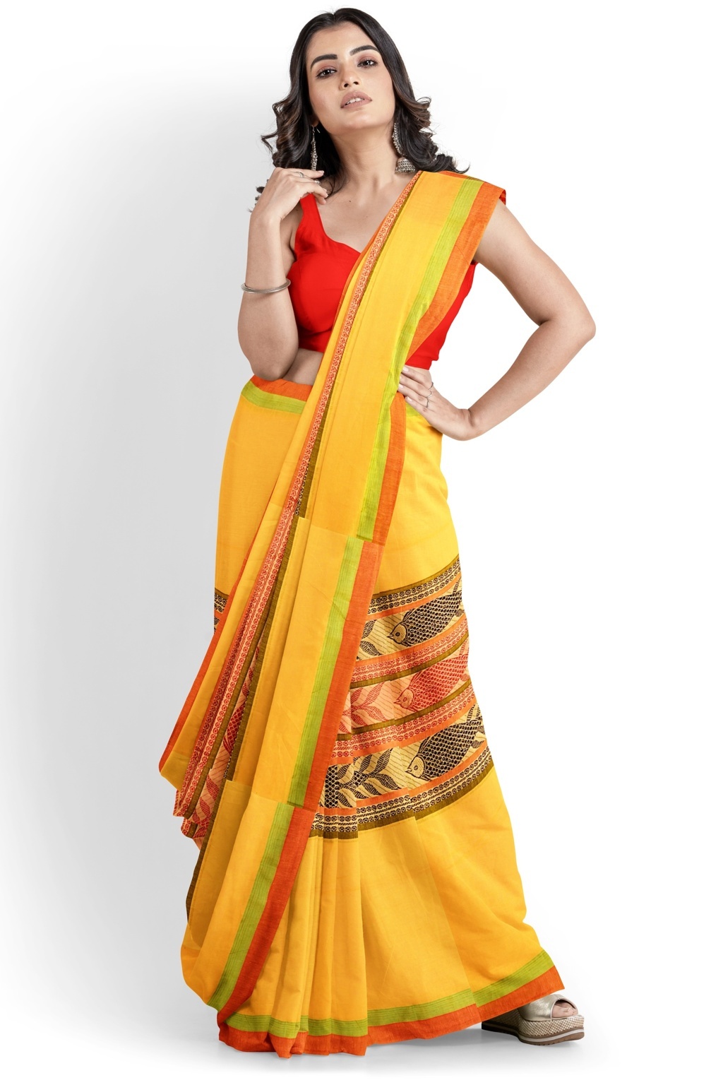 Yellow Red Pure Cotton Marine Hand Loom Saree (1279)